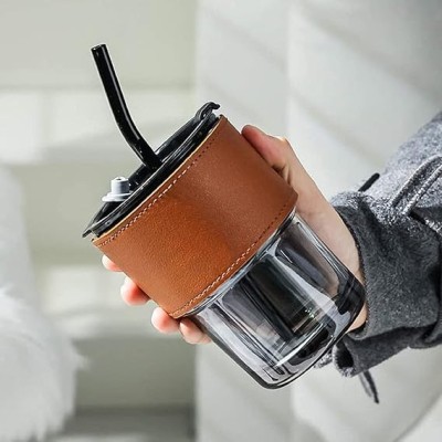 FEDWorld Glass Coffee Tumbler With Leather Grip Straw Sipper Juice Cocktail Smoothies Glass Coffee Mug(400 ml)