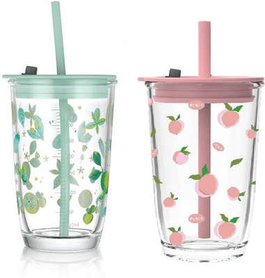 IndusBay Glass Tumbler with Straw and Airtight Lid Travel Coffee Sipper Glass Mason Jar(400 ml, Pack of 2)