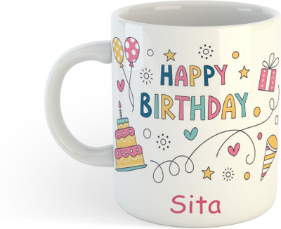UNIARAWALAS Happy Birthday Sita Printed Ceramic Coffee (325ml) Ceramic Coffee Mug(325 ml)