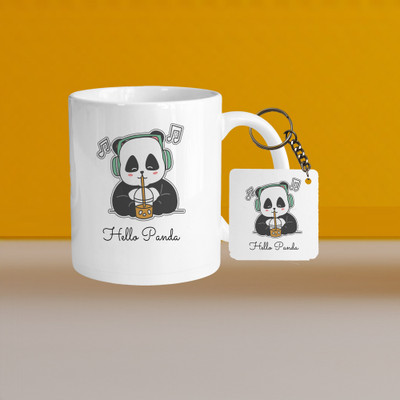 VM SHOPPING MALL Premium 330ml Ceramic White Coffee - hello panda- With Square Keychain Ceramic Coffee Mug(330 ml, Pack of 2)