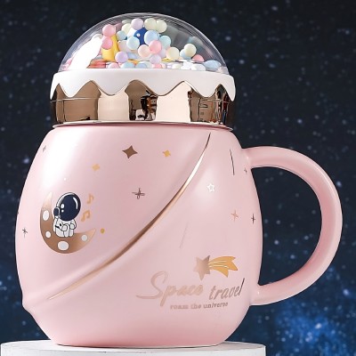 BONZEAL Universe Pink Astronaut Travel Space Cup With Lid 500 ml Ceramic Coffee Mug(500 ml)