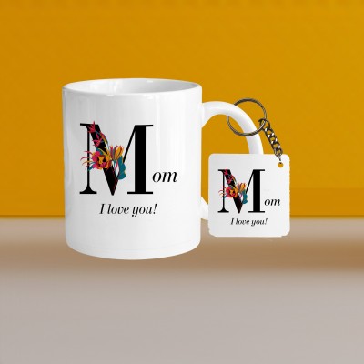 VM SHOPPING MALL Premium 330ml Ceramic White Coffee- mom I love you- With Square Keychain Ceramic Coffee Mug(330 ml, Pack of 2)