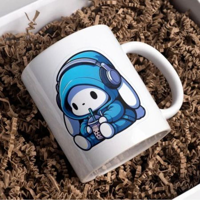 Zipcartz Cute Cartoon Printed 300ml Ceramic Coffee Cup with Keychain Set Ceramic Coffee Mug(300 ml)