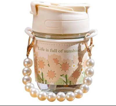 Aslon insulated Pearls handle glass with straw Glass Coffee Mug(350 ml)