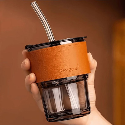 Convoke Glass Tumbler With Silicone Straw&Lid Glass Cup With Leather Sleeve Glass Coffee Mug(400 ml)