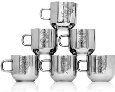 SAMEEP Pack of 6 Stainless Steel Double Wall Floral Laser Tea & Coffee Cups Set of 6 Stainless Steel Coffee Mug(70 ml, Pack of 6)