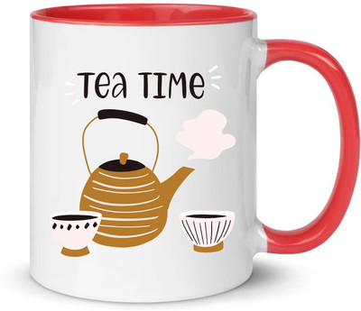 popflip Premium Quality Inner Red Color Printed With CoffeeTime01 (25) Ceramic Coffee Mug(350 ml)
