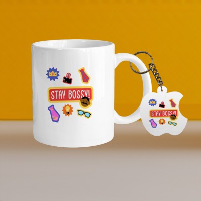 VM SHOPPING MALL Premium 330ml Ceramic White Coffee- stay bossy- With Apple Keychain Ceramic Coffee Mug(330 ml, Pack of 2)