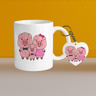 VM SHOPPING MALL Premium 330ml Ceramic White Coffee - cute family- With Heart Keychain Ceramic Coffee Mug(330 ml, Pack of 2)