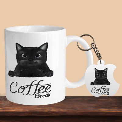 Printhorizon 101_Cat Coffee Break R-A Ceramic Coffee Mug(330 ml, Pack of 2)