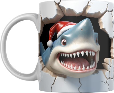 Srirudh 3D Santa Shark Festivity Coffee Cup for Xmas Joy - Ceramic Coffee Mug(350 ml)