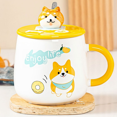 BONZEAL Ceramic Printed Enjoy Cute Dog with Lid Spoon Set Pack of 1 400 ml Ceramic Coffee Mug(400 ml)