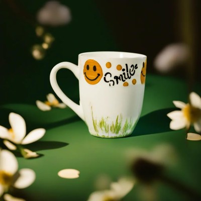 VICTION White Round Smile emoji Tea Coffees Cup Ceramic Coffee Mug(350 ml)