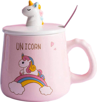 BONZEAL 3D Printed Rainbow Pink Unicorn with Lid Spoon 350 ml Ceramic Coffee Mug(350 ml)