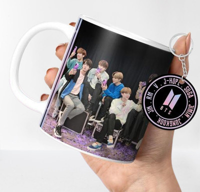 Convay B6 Designs BTS Printed with Keychain for Girls Ceramic Coffee Mug(330 ml, Pack of 2)