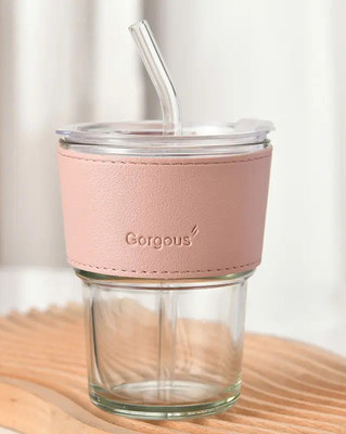 FORABH Gorgous Bamboo Glass Cup Pink 400ml with Straw & Lid | Portable & Stylish Glass Coffee Mug(400 ml)