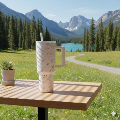 IMPRONOW Stylish Terrazzo Travel Tumbler with Handle & Straw Leakproof Coffee Stainless Steel Tumbler(1200 ml)