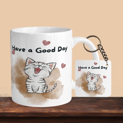 VM SHOPPING MALL Cat Have A Good Day R-S Ceramic Coffee Mug(330 ml, Pack of 2)