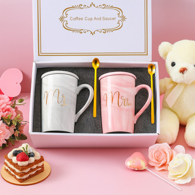 b7 Creations Ceramic Marble Finish Coffee With Lid- Spoon For Anniversary Valentineao Ceramic Coffee Mug(380 ml, Pack of 2)