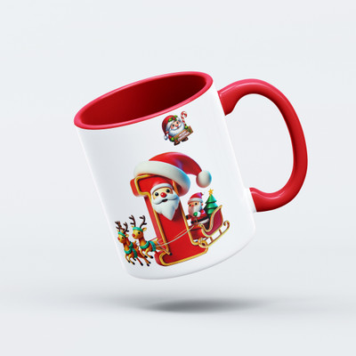 V Kraft Christmas theme red inner color Alphabet coffee mug for Xmas & New Year | I | Ceramic Coffee Mug(330 ml)