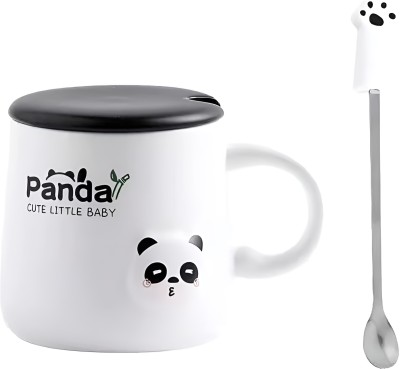 Happykids Mug With Cover & Paw Spoon Ceramic Coffee Mug(400 ml)