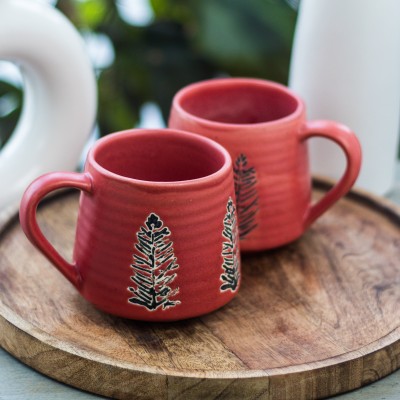 Rare Planet Handcrafted Red Ceramic Set of 1 with Black Botanical Design Ceramic Coffee Mug(250 ml)