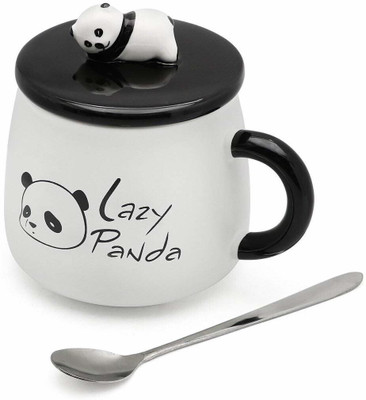 Hemtik Ceramic Lazy Panda Printed with Lid and Spoon - 1 Piece,White Cup, 450 ml Ceramic Coffee Mug(450 ml)
