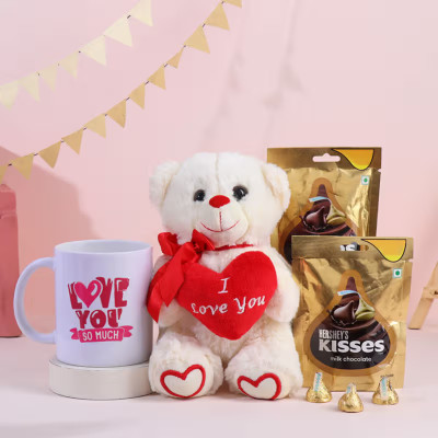 Floweraura Love Romantic Gift Hamper of Ceramic, Cute Teddy, Pack of 2 Chocolate Ceramic Tumbler(350 ml, Pack of 3)