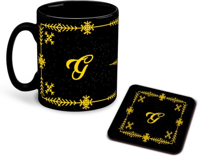 whats your kick (CSK) G Name Alphabet Printed Black Patch Coffee Cup & With Coaster - D7 Ceramic Coffee Mug(325 ml)