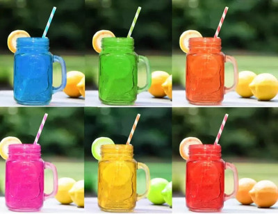varyon Mug with Lid and Straw Ice Cream Fruit Cold Water Jars Cold Coffee Juice Cup Glass Mason Jar(400 ml, Pack of 6)