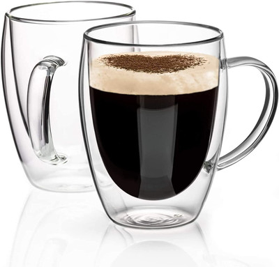 Baskety InternationalLarge Coffees, 350ml Set of 2 i12 Glass Coffee Mug(350 ml, Pack of 2)