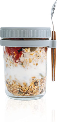 AshandRoh 350ml Overnight Oats Containers with Lids and Spoon Glass Mason Jar(350 ml)