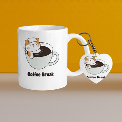 VM SHOPPING MALL Premium 330ml Ceramic White Coffee- coffee break rest- With Heart Keychain Ceramic Coffee Mug(330 ml, Pack of 2)