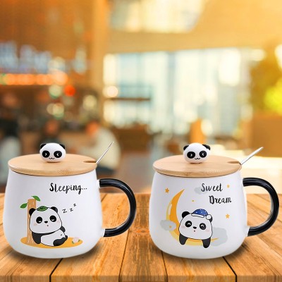 BONZEAL Printed Combo Panda Cup With Lid And Spoon Ceramic Coffee Mug(430 ml, Pack of 2)