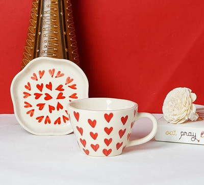 the xstore Ceramic Red Heart Print Cup and Saucer Set Ceramic Coffee Mug(160 ml, Pack of 2)
