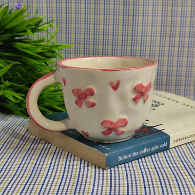 Ceramicmomo Handmade Cute Pink Bow & Heart Design Cup for Girls & Gifting Ceramic Coffee Mug(220 ml)