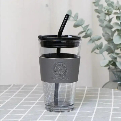 varyon Iced Coffee Drinking Glasses with Lids & Glass Straw Glass Coffee Mug(450 ml)