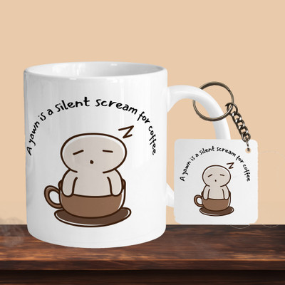 VM SHOPPING MALL A Yawn Is A Silent Scream For Coffee R-S Ceramic Coffee Mug(330 ml, Pack of 2)