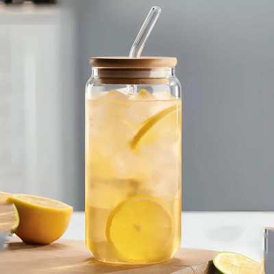 fielrop Beer Can Shape Drinking Glasses Tumbler with Airtight Wooden Lid and Straw 500ml Glass Mason Jar(500 ml)