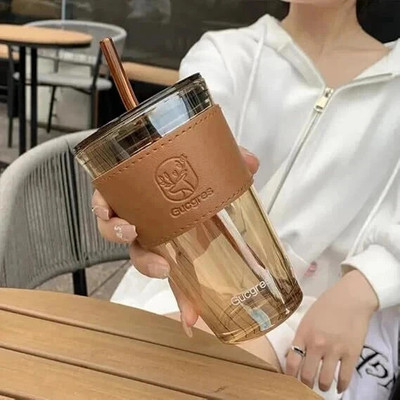FEDWorld Glass Coffee Tumbler With Lid & Straw Sipper Juice Cocktail Smoothies Coffee Glass Coffee Mug(450 ml)