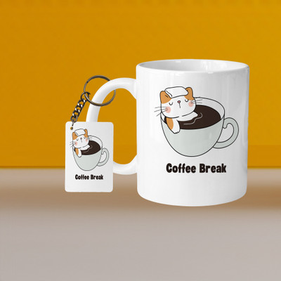 VM SHOPPING MALL Perfect for Coffee and Tea - With Keychain VM Coffee Break Rest L R Ceramic Coffee Mug(332 ml, Pack of 2)