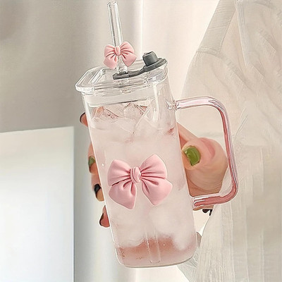 FUNKYFINDS Pink Cute Bow Cups with Lids and Straws, Iced Coffee Cup Glass Coffee Mug(400 ml)