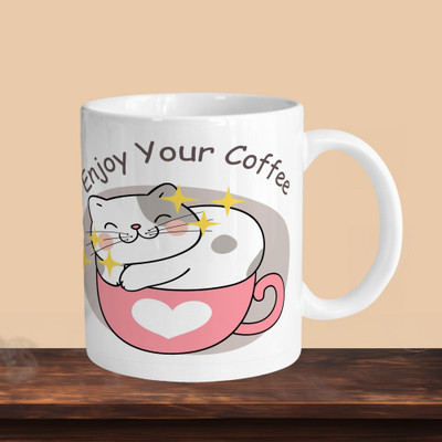 VM MALL 101_Enjoy Your Coffee R Ceramic Coffee Mug(330 ml, Pack of 2)