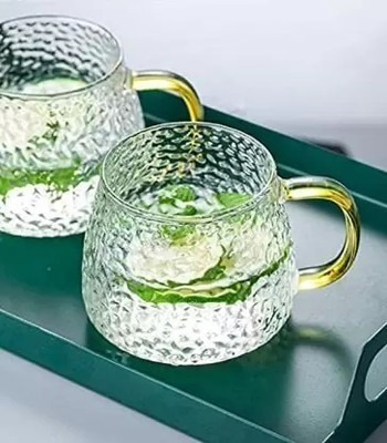 daesgesage Tea Cup and Coffee with Borosilicate Glass Gold Handle - Set of 2 Glass Coffee Mug(400 ml, Pack of 2)