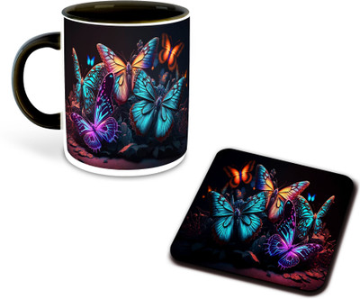 whats your kick new-wyk_Butterfly Lover Printed Black Coffee With Coaster-D4 Ceramic Coffee Mug(325 ml)