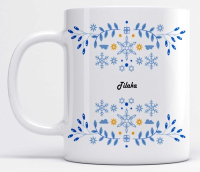 LOROFY Name Tilaka Printed Beautiful Blue Floral Design White Ceramic Coffee Mug(350 ml)