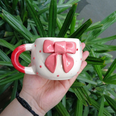 Ceramicmomo Handcrafted Ceramic with 3D Ribbon Bow and Hearts Stylish Coffee Cup Ceramic Coffee Mug(220 ml)