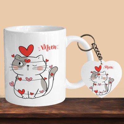 VM SHOPPING MALL Cat Meow R-H Ceramic Coffee Mug(330 ml, Pack of 2)
