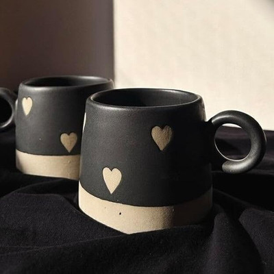 Ceramicmomo Handmade Black Ceramic with Heart Design | Modern Coffee & Tea Cup Ceramic Coffee Mug(230 ml)