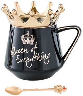 NYRWANA DELIVERING SMILES IN INIDA Queen of Everything with Crown Lid & Golden Crown Spoon Coffee Ceramic Coffee Mug(350 ml)